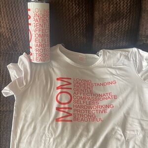 White T-Shirt and Tumbler Set with Red 'MOM' Design